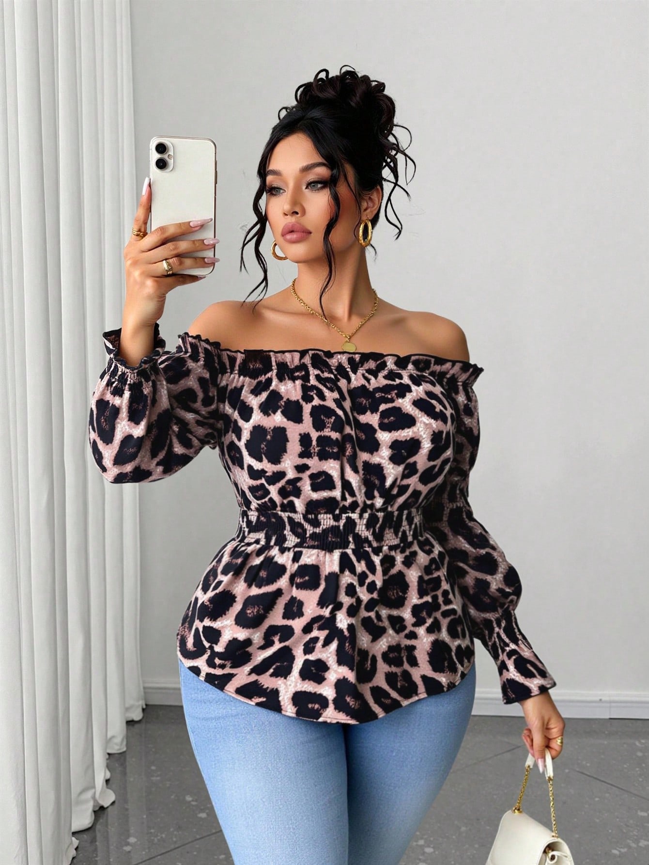 Blouse Off Shoulder - Plus size dames blouse met luipaardprint,