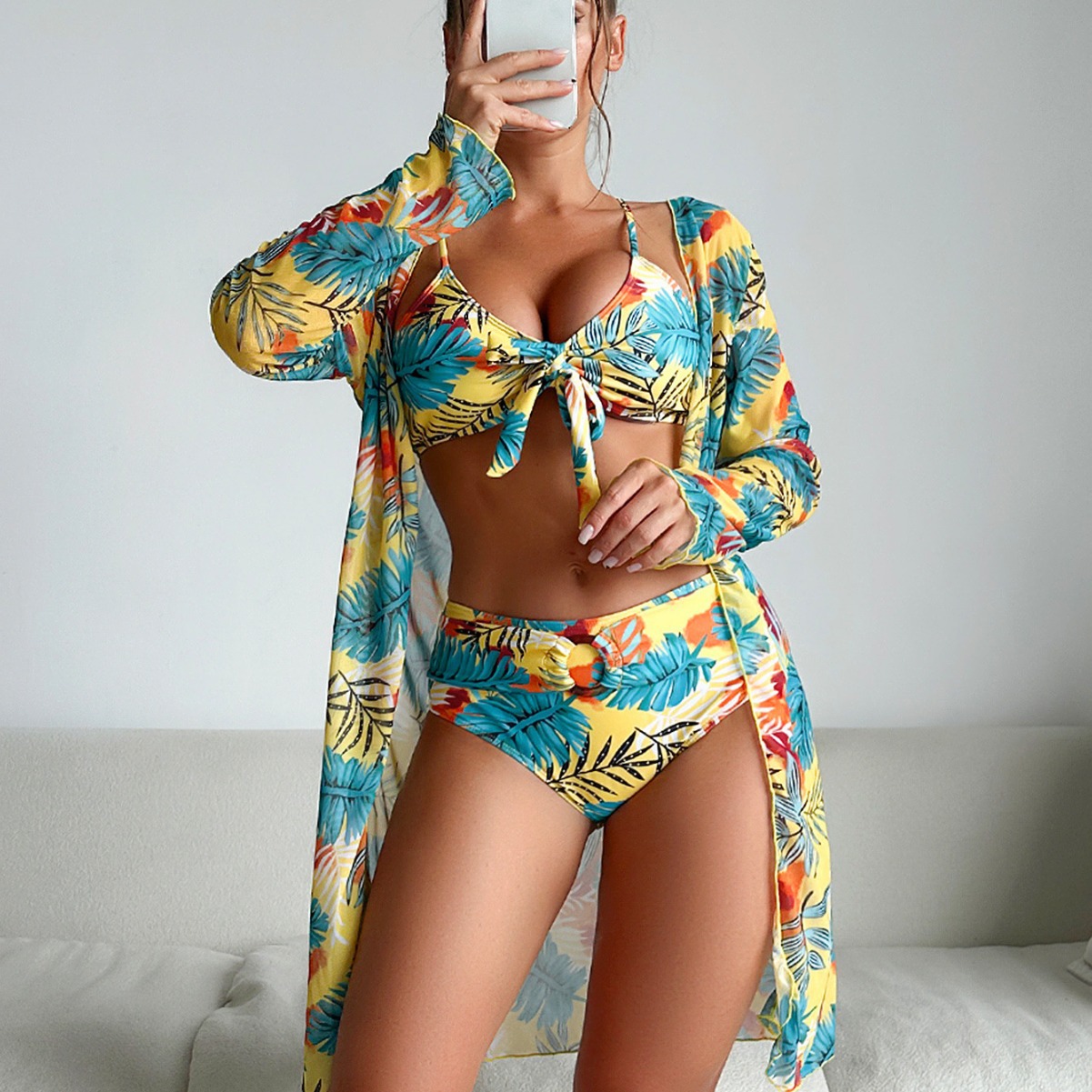 Kimono Sheer Floral - Dames 3-delig bloemenbadpak met knoop aan